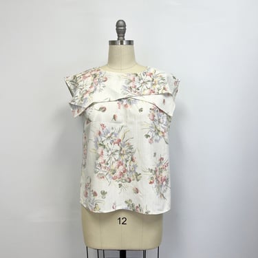 Vintage 80s Boxy Floral sleeveless Top | Oversized Collar| Size Large 