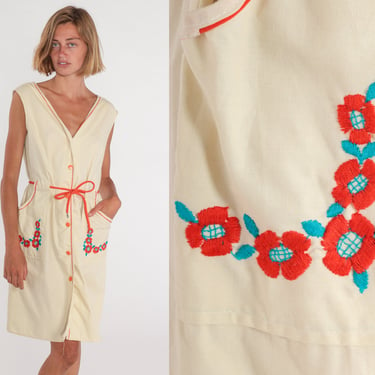 Floral Embroidered Dress 70s Button up Mini Dress Cream Red Flower Print Sleeveless Sundress Summer Retro Day Pockets Vintage 1970s Large L 