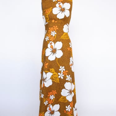 1960s Hawaiian Dress Printed Cotton Maxi XS 