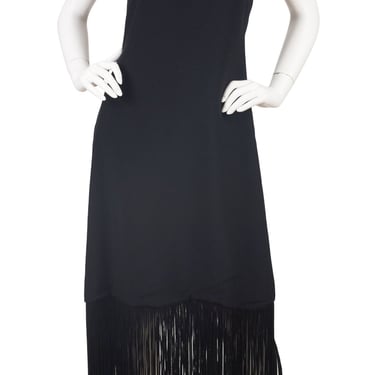 Jean-Louis Scherrer Couture 1960s Vintage Black Crepe & Fringe Evening Dress Sz XS S 