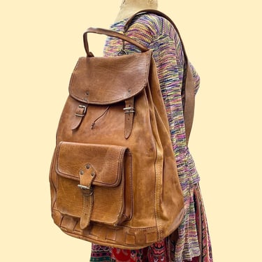 Vintage Leather Bookbag Retro 1970s Minimalist + Unisex Backpack + Brown + Distressed Look + Silver Buckles + School or Work Bag + Accessory 