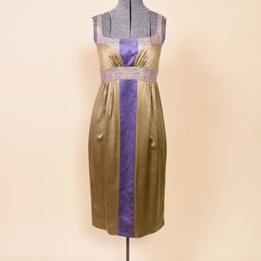 Olive & Lavender Iridescent Silk Renaissance Style Midi Dress By Nicole Miller Collection, XS/S