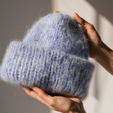 Chunky Mohair Beanie, Womens Winter Knit Hat, Pastel Blue Knit Hat, Fluffy Mohair Beanie, Soft Knit — The Brushed Mohair Beanie in Sky Mix 