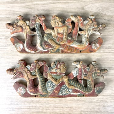 Carved dragon boat wooden wall hangings - a pair 