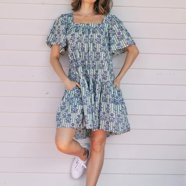 Fifi short dress, green and blue stripe floral