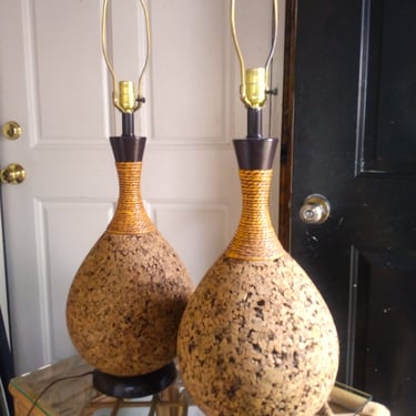Pair of 1960's MCM Cork Lamps, Large Mid Century Lamps, Home Decorations 