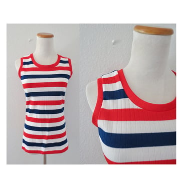 Vintage Mod 60s Tank Top 1960s 70s Striped Sleeveless Blouse Red White Blue Size Small 