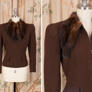 1930s Jacket - Ideal Vintage 30s Tailored Brown Wool Zip Front Sportswear Jacket with Faux Pockets and Added Mink Tails 
