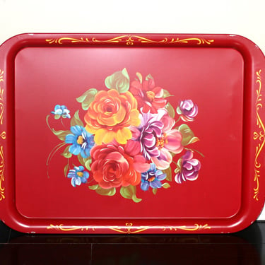 vintage Red Metal Tole Tray with Floral pattern 