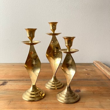 graduated twisted brass candle holders set of 3 - vintage candlesticks made in India 