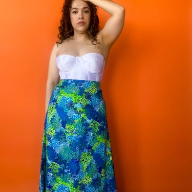 1970s Blue &amp; Green Floral Maxi Skirt, sz. S