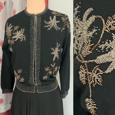 Lavishly Beaded Cardigan Sweater, Wool Angora Blend, Vintage 50s 60s Pin Up, Bombshell, Rockabilly, Hong Kong 