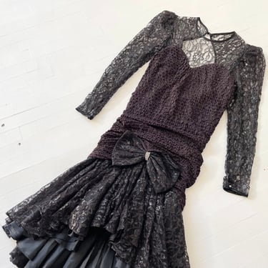 1980s Black Lace Low Back Fishtail Dress 