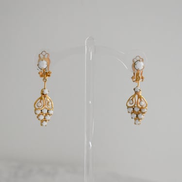 1960s White Rhinestone and Gold Dangle Clip Earrings 