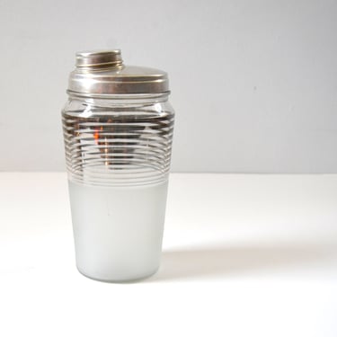 Vintage Frosted Glass Cocktail Shaker with Silver Stripe Design and Spun Aluminum Cap, Retro Barware 