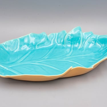 Catalina Pottery Turquoise and Beige Leaf Dish, Gladding McBean GMB | Vintage California Pottery Mid Century Modern Centerpiece 