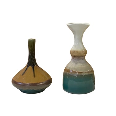2 x Chinese Clay Ceramic Artistic Tan Turquoise Small Vase ws2684E 