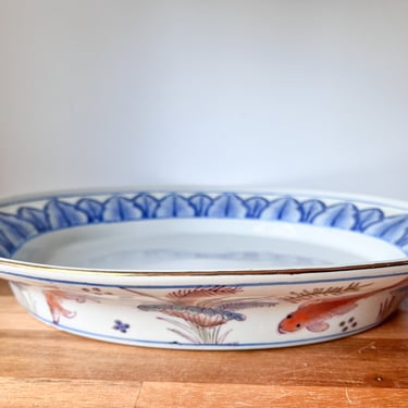 Vintage Chinoiserie Plant Saucer. Large Oval Handpainted Plant Dish. Vintage Indoor Garden Planter Pot Dish. 