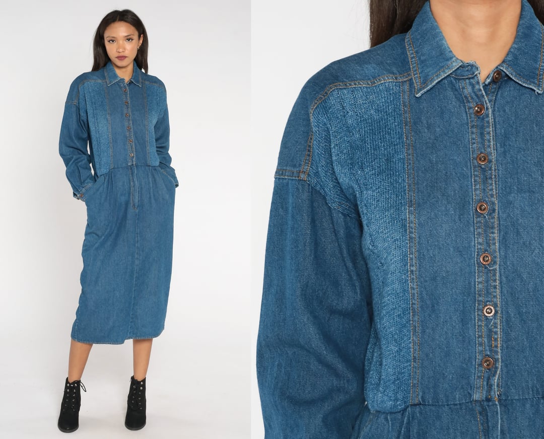90s Denim Dress Blue Jean Shirtdress Midi Pencil Button Up