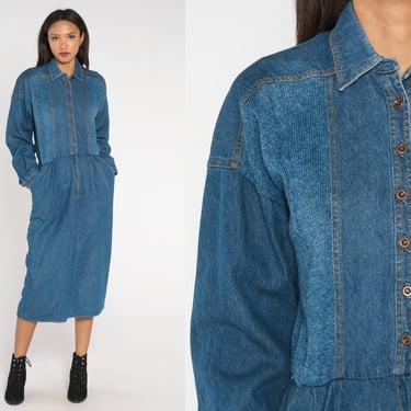 90s Denim Dress Blue Jean Shirtdress Midi Pencil Button Up Dress Flared Long Sleeve Collared 1990s Normcore Vintage Retro Medium 