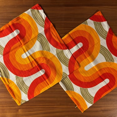 101424158 - Pair 70s Cushion w vintage Orange Green fabric -  - GLAM - DECOR