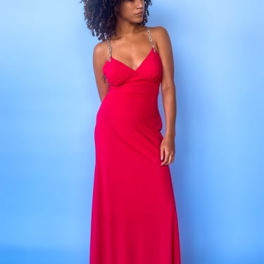 1990s Red Maxi Rhinstone Strap Dress, sz. M