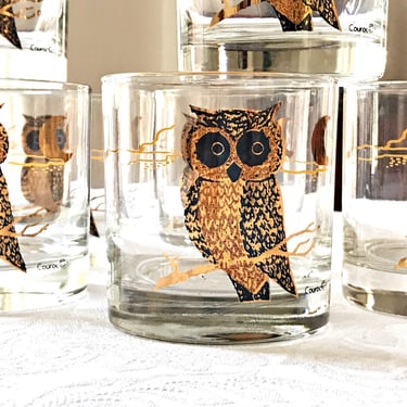 Couroc of Monterey vintage glassware, 4 Couroc owl whiskey lowball glasses, Old fashioned cocktail glasses Fun Dad or boyfriend barware gift 