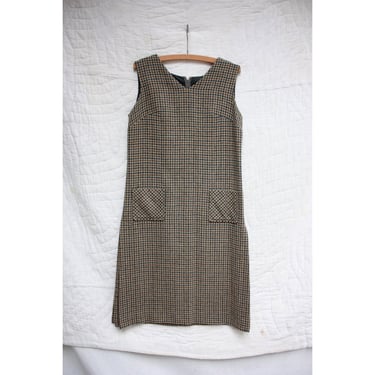 60s 70s Houndstooth Wool Twill Neutral Jumper Dress Size M 
