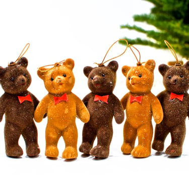 VINTAGE: 5 Flocked Plastic Bear Ornaments - Christmas Bears - Teddy Bears - Animal - Ornament - SKU 27-C6-00010798 