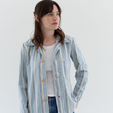 Vintage Blue Cream Striped Flannel Shirt Jacket | British 50s 60s Stripe Cotton Pajama shirt | XS S | SJ037 