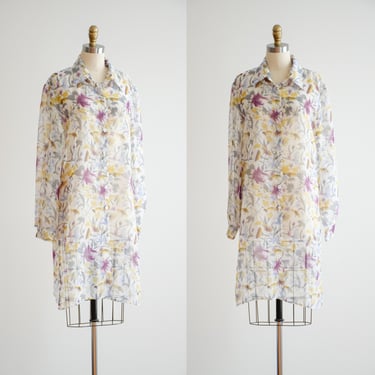 sheer chiffon jacket 90s vintage white floral tunic shirt 