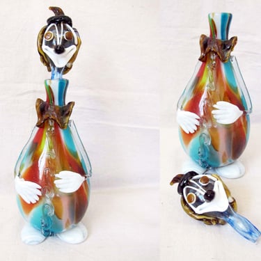 Mid Century Italian Murano Glass Clown Decanter - 1950s Colorful Tall Clown Statue Figurine Art 