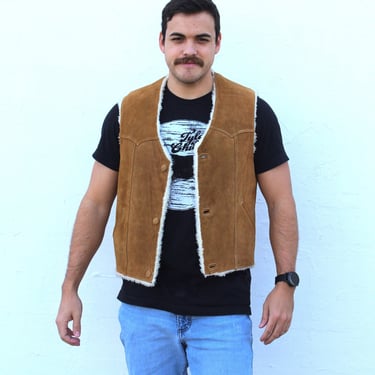 Vintage Sherpa Vest, Size 38 Men, Tan Sueded Leather, faux fleece lined, hipster vest 