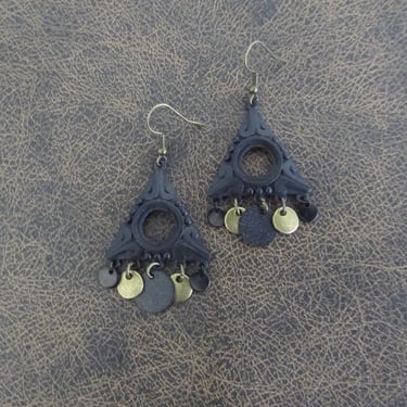 Black earrings, tribal chandelier earrings, mid century modern earrings, unique matte black earrings, hammered metal, primitive exotic 2 