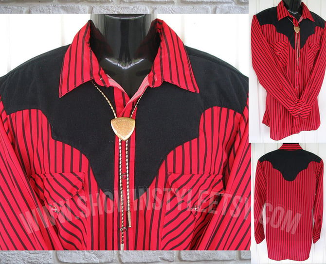 Miller Westernwear Vintage Western Men's Cowboy Shirt, True Red with Black Stripes, Tag Size 16.5-34, Approx. X-Large (see meas. photo) 
