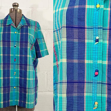 Vintage Blue Plaid Top 90s Cotton Madras Button Down 1990s Short Sleeve Napa Valley Parrot Buttons Curvy Large XL 