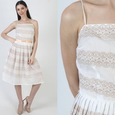 White Eyelet L'Aiglon Dress, Belted 50s Designer, MId Century Modern, Vintage Womens Gown 