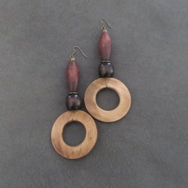 Oversized wooden mid century modern earrings, brown 