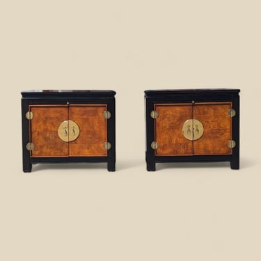 Vintage Nightstands, Chinoiserie, Stanley Furniture, Black, Burl Wood, Brass, Asian, Hollywood Regency End Tables 