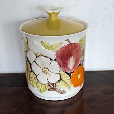 Vintage 3D Florals and Fruits Handpainted Ceramic Cookie Jar 