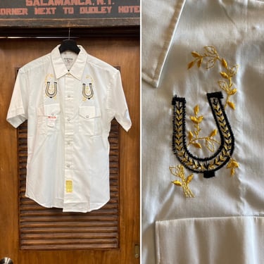 Vintage 1960’s -Deadstock- Cowboy Western Pearl Snap Short Sleeve Horseshoe Cotton Rockabilly Shirt, 60’s Vintage Clothing 