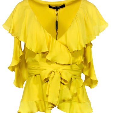Elie Saab - Yellow Ruffled Cold Shoulder Belted Wrap Blouse Sz 2