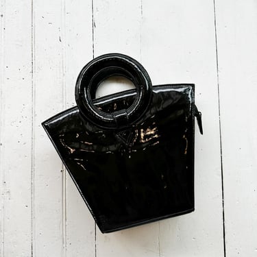 1990s Black Patent Leather Top Handle Bag 