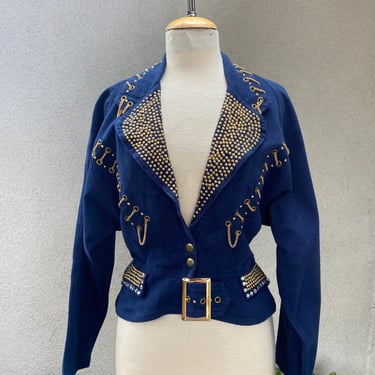 Vintage 80s bling dolman sleeve navy blue cotton jacket peplum fit size Medium by Julie pour JM 