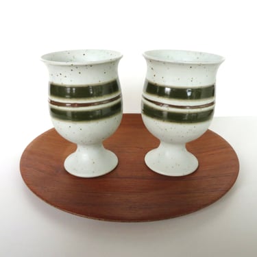 Set Of 2 Otagiri  Stoneware Goblets, Vintage Japanese Pottery Striped Green Pedestal Cups 