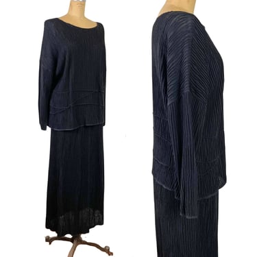1990s artisan black knit sweater and fitted skirt set - size medium 
