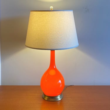 Hot Italian Orange Glass Lamp w/ Lit Base & Vintage Shade