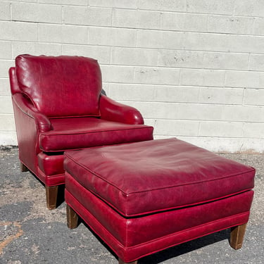 Handsome 2pc Leather Lounge Chair Armchair Matching Ottoman Footrest Chesterfield Chippendale Lounge Set Oxblood Loveseat English 