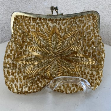 Vintage glam gold beads floral design pouch 6”handbag satin lined by La Regal Ltd Hong Kong 