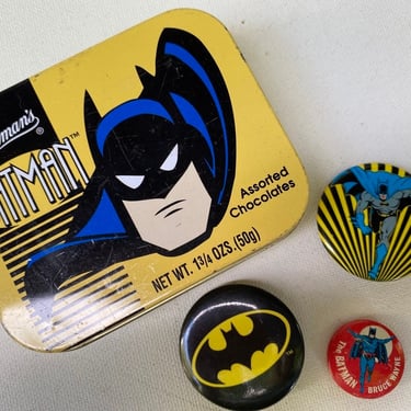Vintage Batman Pin Backs And Small Chocolate Box, Whitman Chocolate Box,  Set Of 3 Pin Backs Varying Vintage Ages 